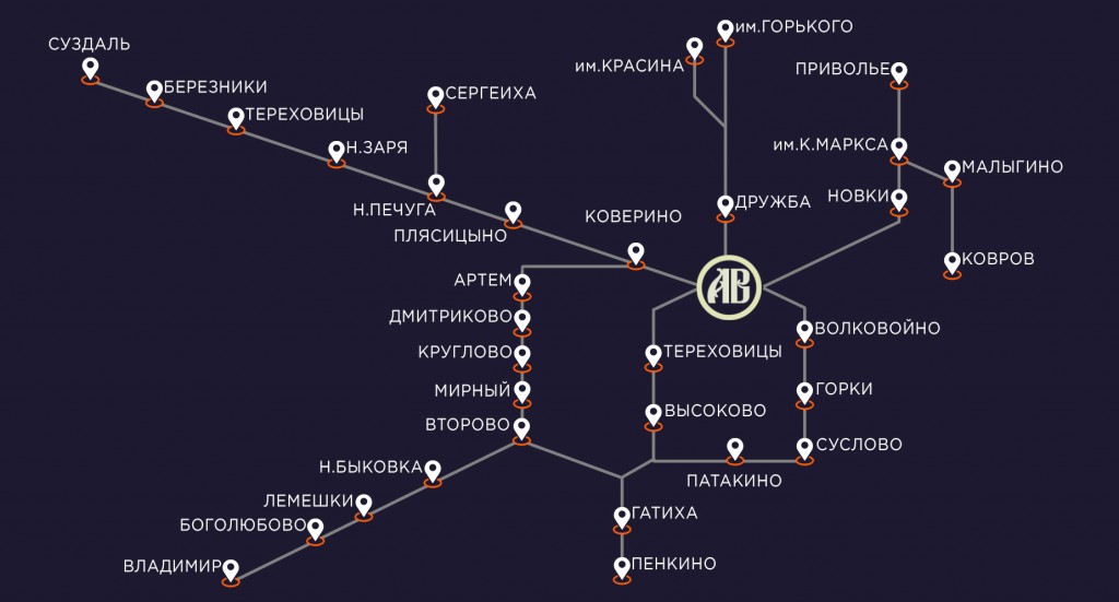 Схема маршрутной сети автостанции г. Камешково